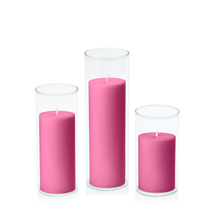 Magenta 7cm Pillar in 8cm Glass Set - Med Pack of 1