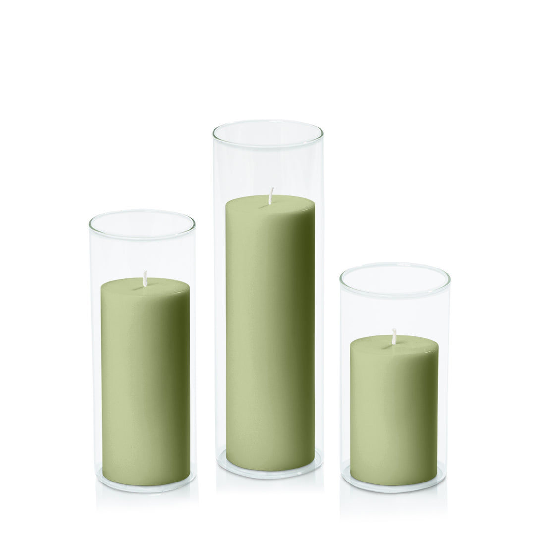 Matcha 7cm Pillar in 8cm Glass Set - Med Pack of 1