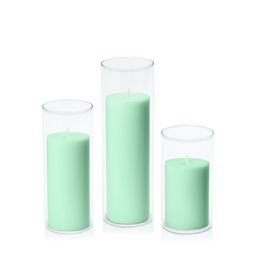 Mint Green 7cm Pillar in 8cm Glass Set - Med Pack of 1