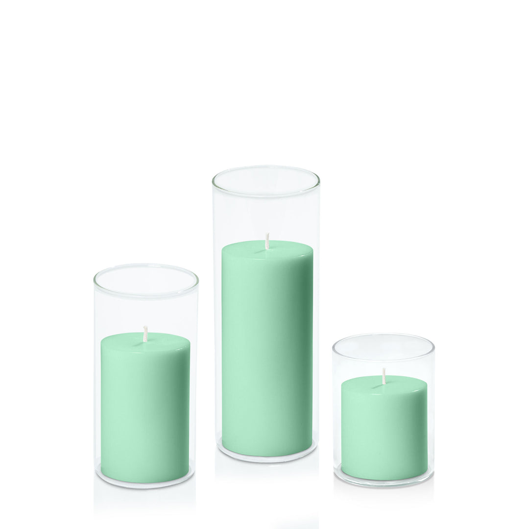 Mint Green 7cm Pillar in 8cm Glass Set - Sm Pack of 1