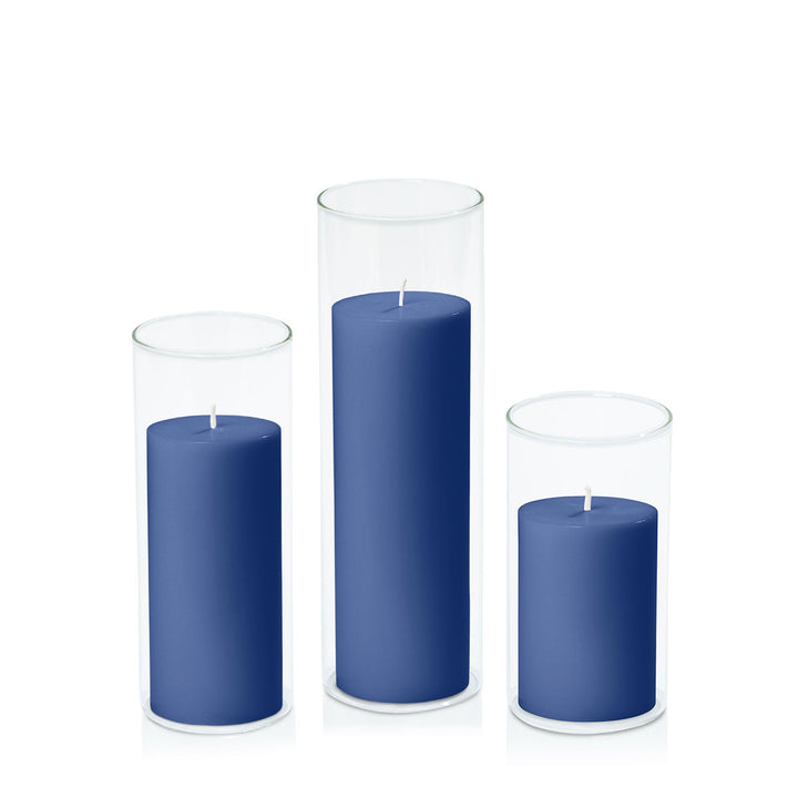 Navy 7cm Pillar in 8cm Glass Set - Med Pack of 1