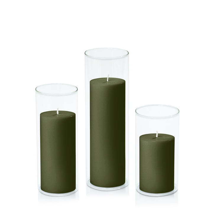 Olive 7cm Pillar in 8cm Glass Set - Med Pack of 1