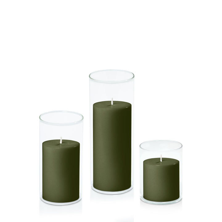 Olive 7cm Pillar in 8cm Glass Set - Sm Pack of 1