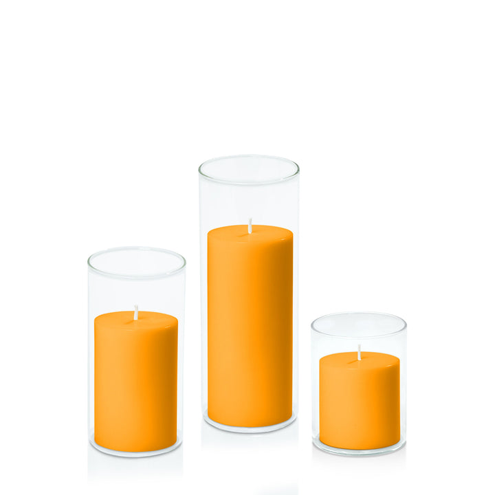 Orange 7cm Pillar in 8cm Glass Set - Sm Pack of 1