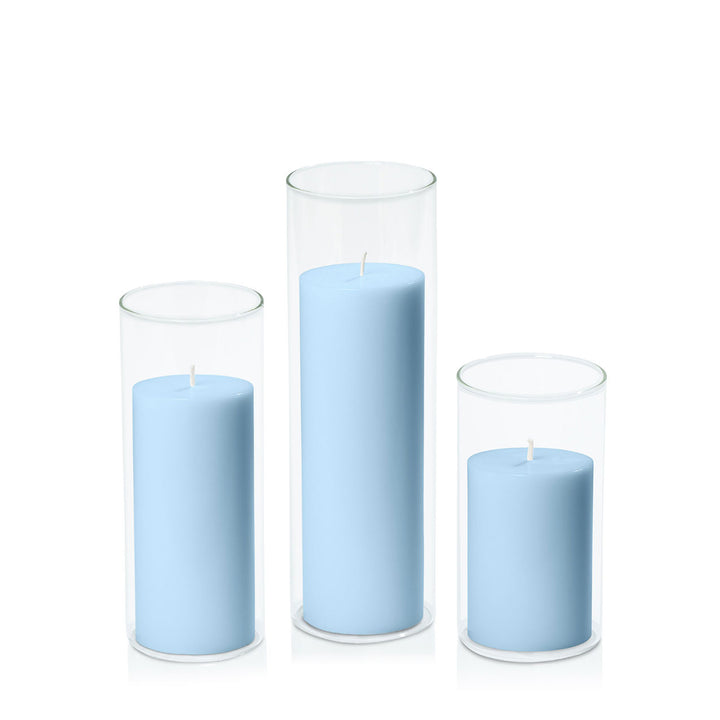 Pastel Blue 7cm Pillar in 8cm Glass Set - Med Pack of 1