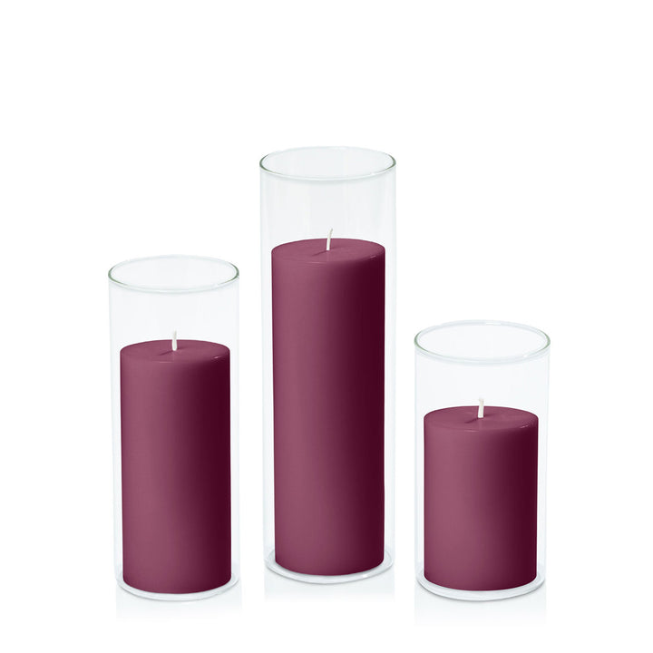 Plum 7cm Pillar in 8cm Glass Set - Med Pack of 1