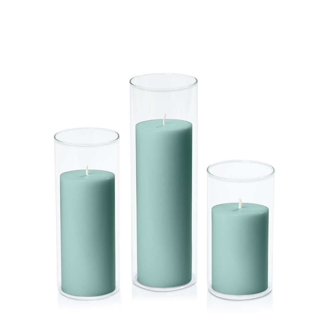 Sage Green 7cm Pillar in 8cm Glass Set - Med Pack of 1