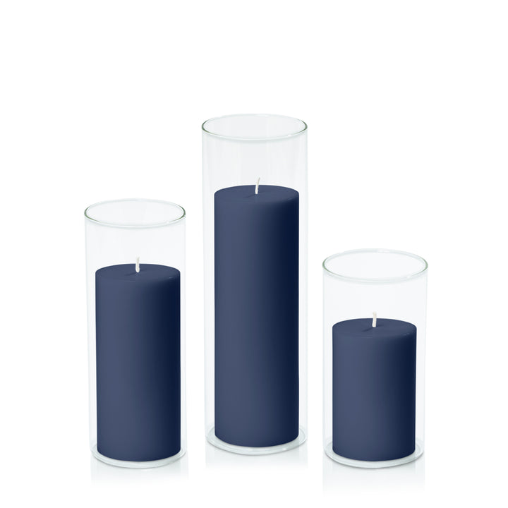 Sapphire 7cm Pillar in 8cm Glass Set - Med Pack of 1