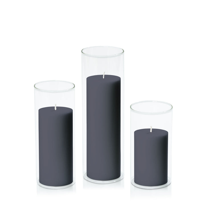 Steel Blue 7cm Pillar in 8cm Glass Set - Med Pack of 1