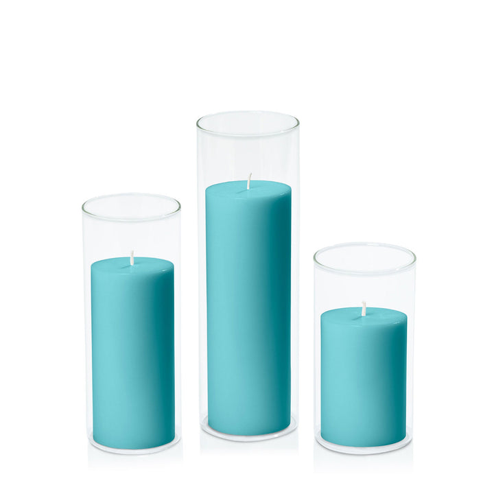 Teal 7cm Pillar in 8cm Glass Set - Med Pack of 1