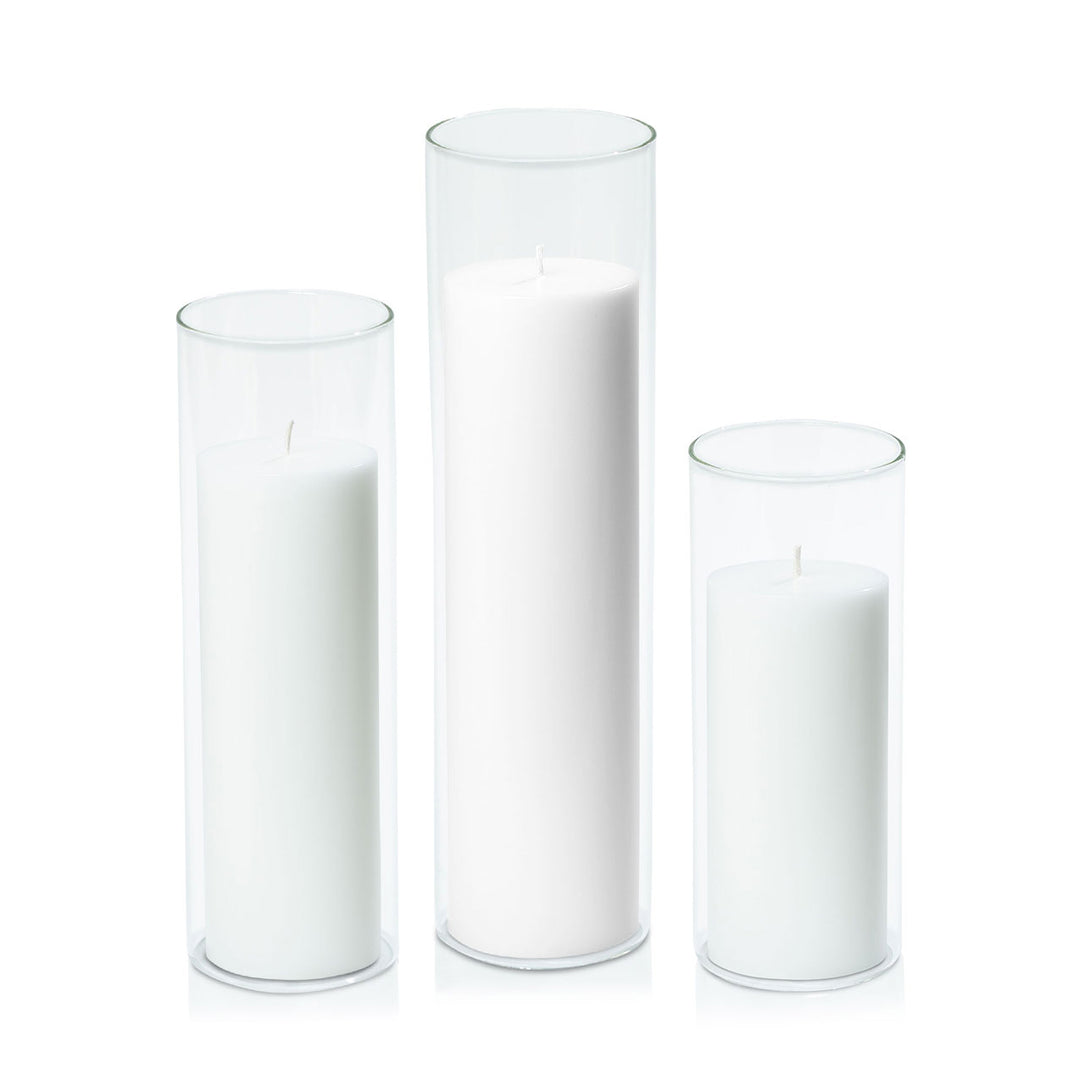 White 7cm Pillar in 8cm Glass Set - Lg Pack of 1