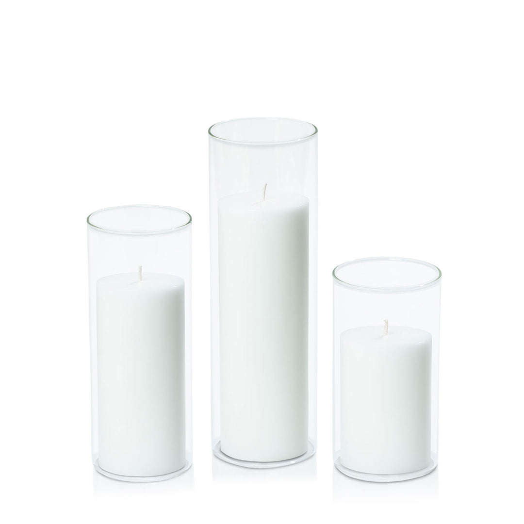 White 7cm Pillar in 8cm Glass Set - Med Pack of 1