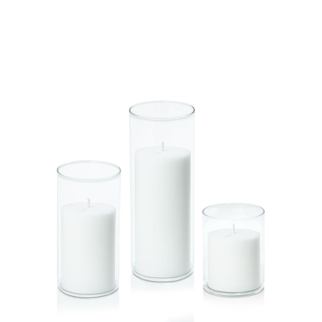 White 7cm Pillar in 8cm Glass Set - Sm Pack of 1