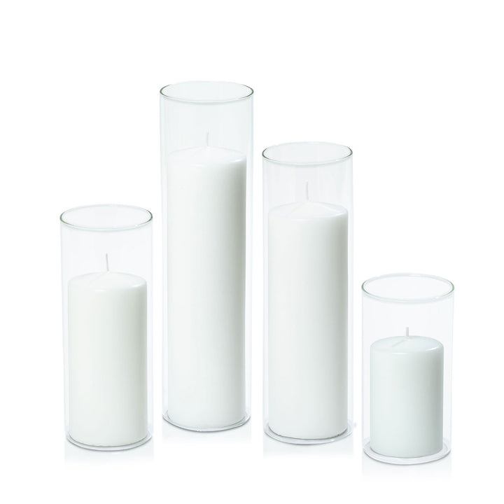 White 7cm Event Pillar in 8cm Glass Set - Med Pack of 1