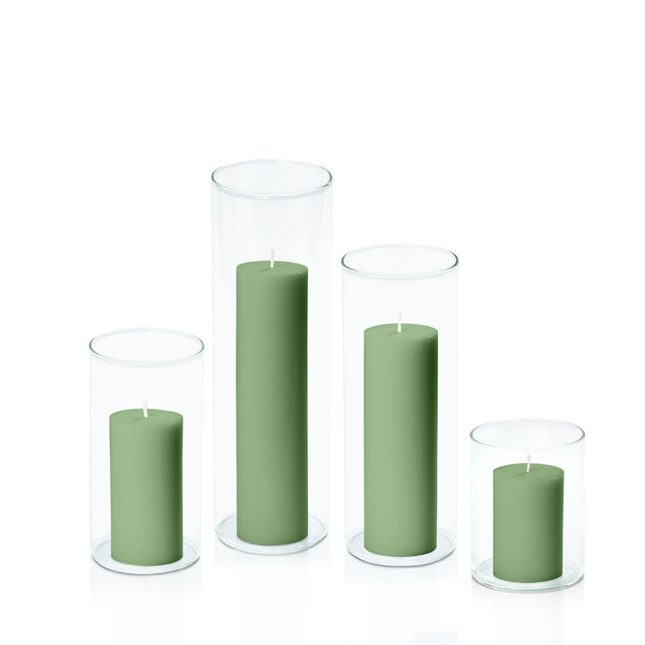 Green 5cm Pillar in 8cm Glass Set - Sm Pack of 1