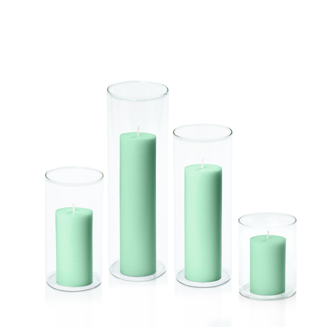 Mint Green 5cm Pillar in 8cm Glass Set - Sm Pack of 1