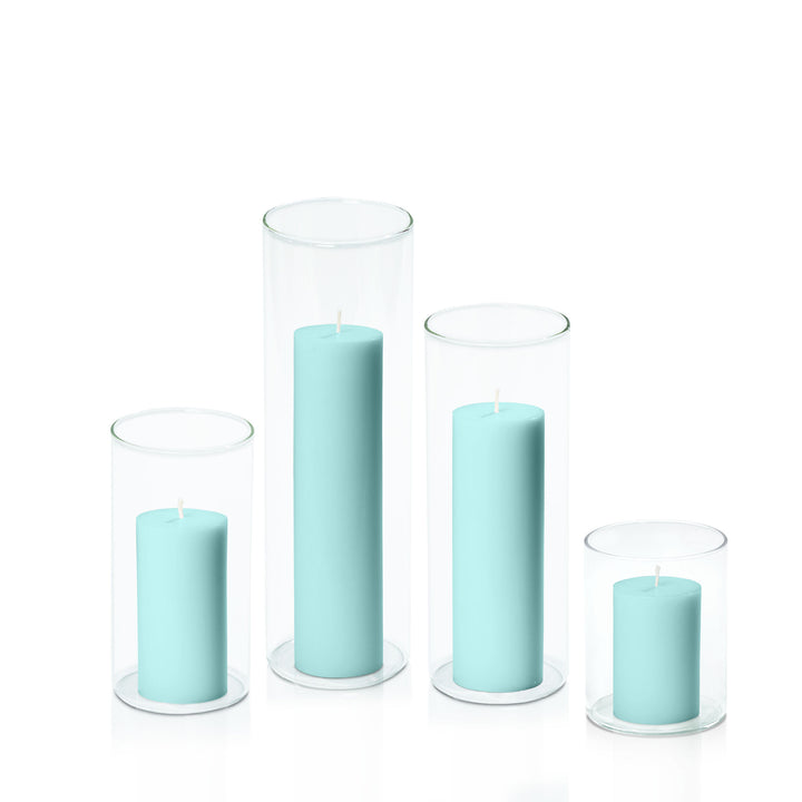 Pastel Teal 5cm Pillar in 8cm Glass Set - Sm Pack of 1