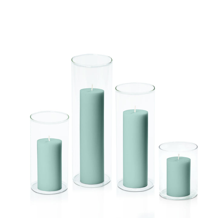 Sage Green 5cm Pillar in 8cm Glass Set - Sm Pack of 1