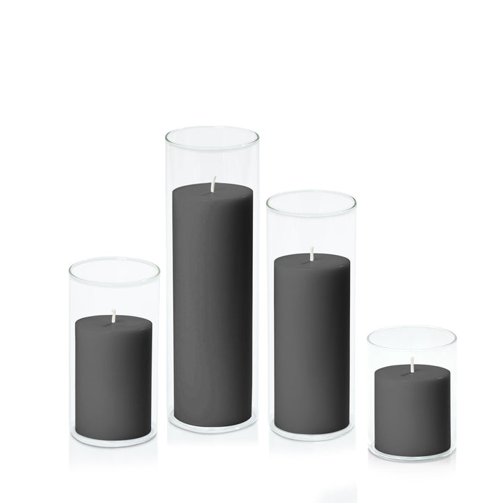 Black 7cm Pillar in 8cm Glass Set - Sm Pack of 1