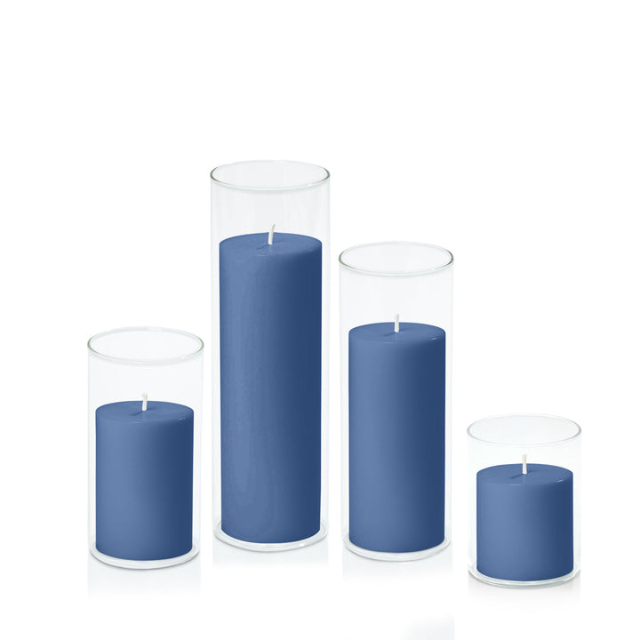 Dusty Blue 7cm Pillar in 8cm Glass Set - Sm Pack of 1