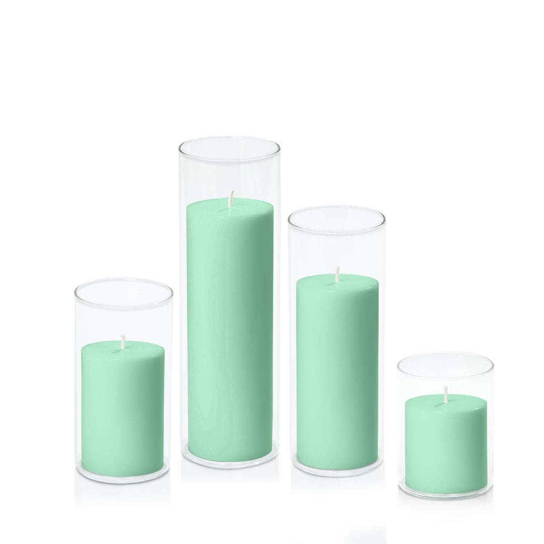 Mint Green 7cm Pillar in 8cm Glass Set - Sm Pack of 1