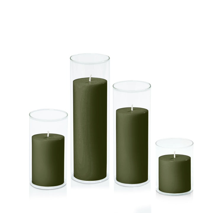 Olive 7cm Pillar in 8cm Glass Set - Sm Pack of 1