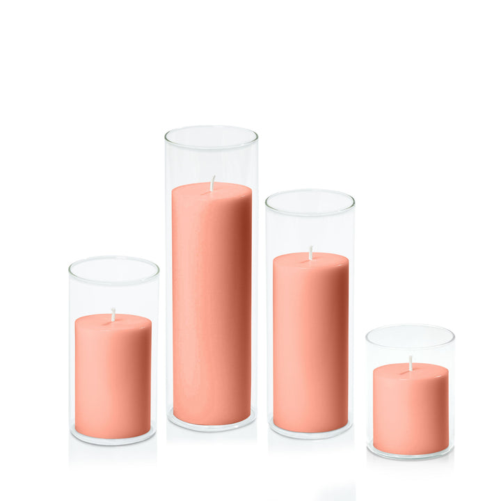 Peach 7cm Pillar in 8cm Glass Set - Sm Pack of 1