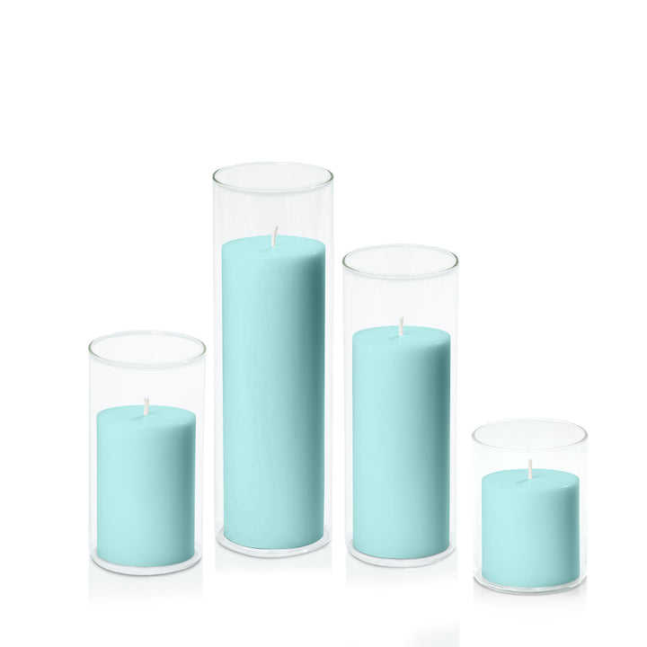 Pastel Teal 7cm Pillar in 8cm Glass Set - Sm Pack of 1