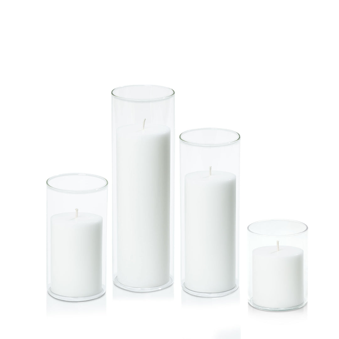 White 7cm Pillar in 8cm Glass Set - Sm Pack of 1