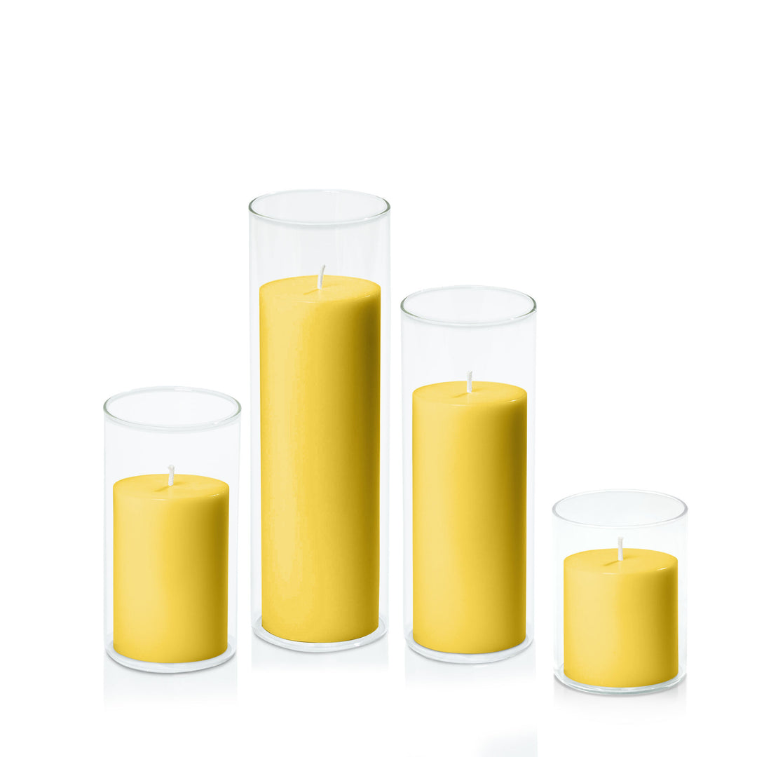 Yellow 7cm Pillar in 8cm Glass Set - Sm Pack of 1