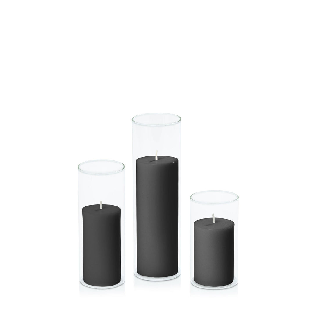 Black 5cm Pillar in 5.8cm Glass Set - Med Pack of 1