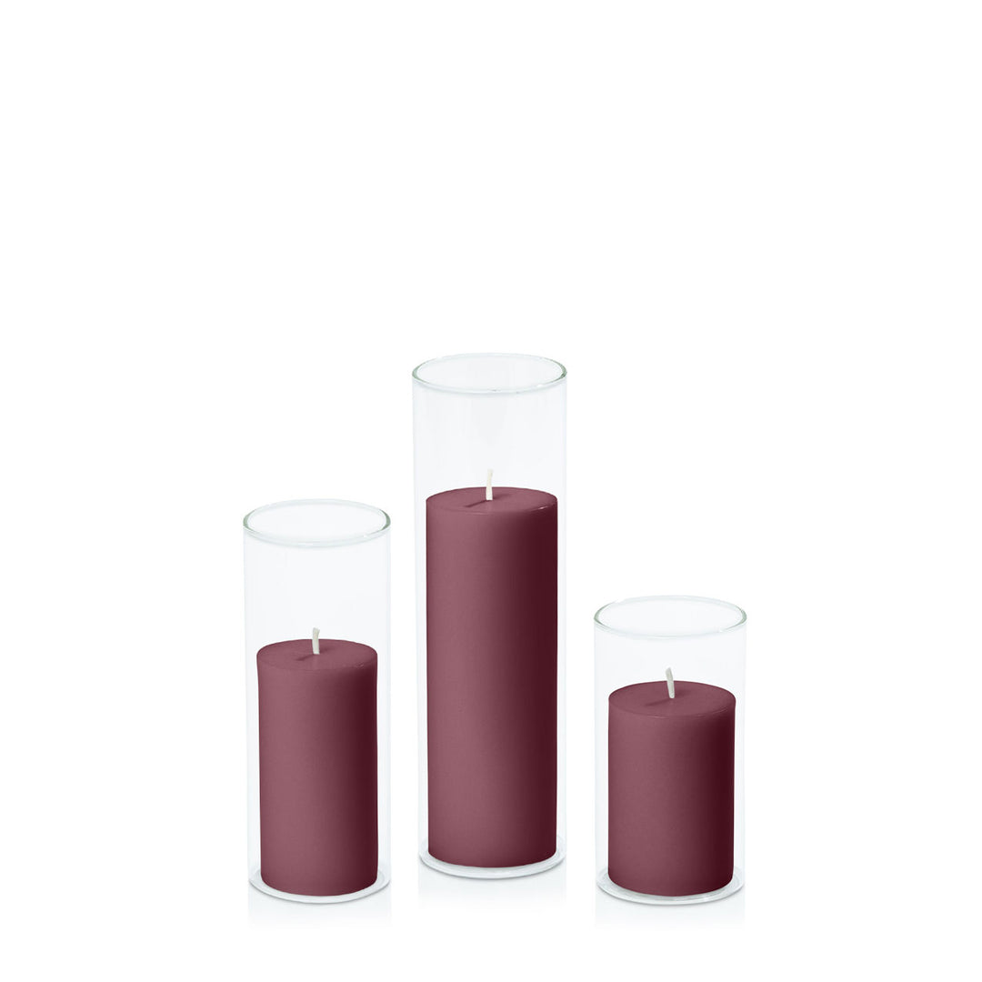 Burgundy 5cm Pillar in 5.8cm Glass Set - Med Pack of 1