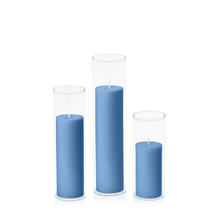 Dusty Blue 5cm Pillar in 5.8cm Glass Set - Lg Pack of 1