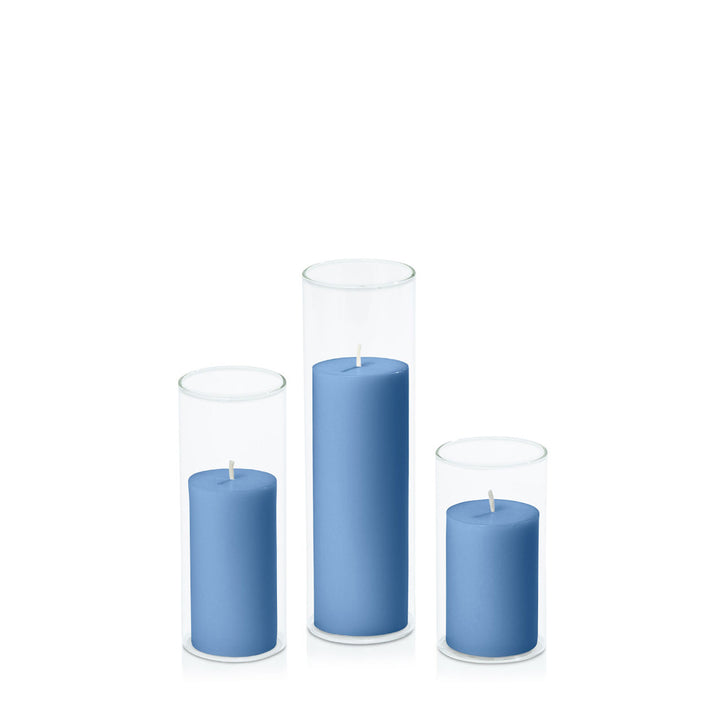 Dusty Blue 5cm Pillar in 5.8cm Glass Set - Med Pack of 1