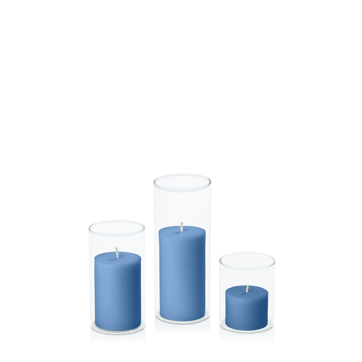 Dusty Blue 5cm Pillar in 5.8cm Glass Set - Sm Pack of 1