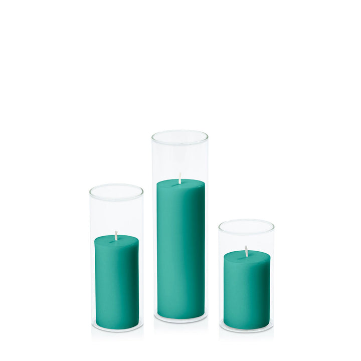 Emerald Green 5cm Pillar in 5.8cm Glass Set - Med Pack of 1