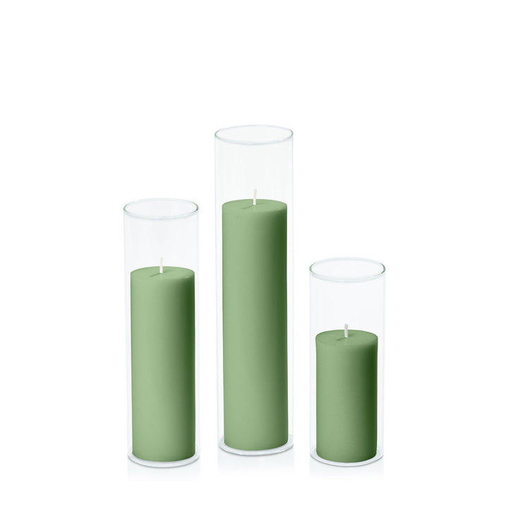 Green 5cm Pillar in 5.8cm Glass Set - Lg Pack of 1