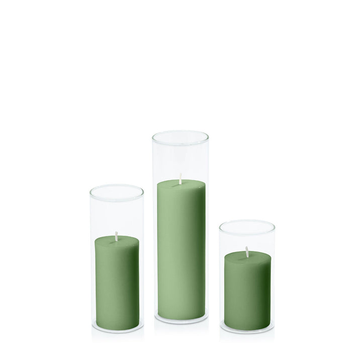 Green 5cm Pillar in 5.8cm Glass Set - Med Pack of 1