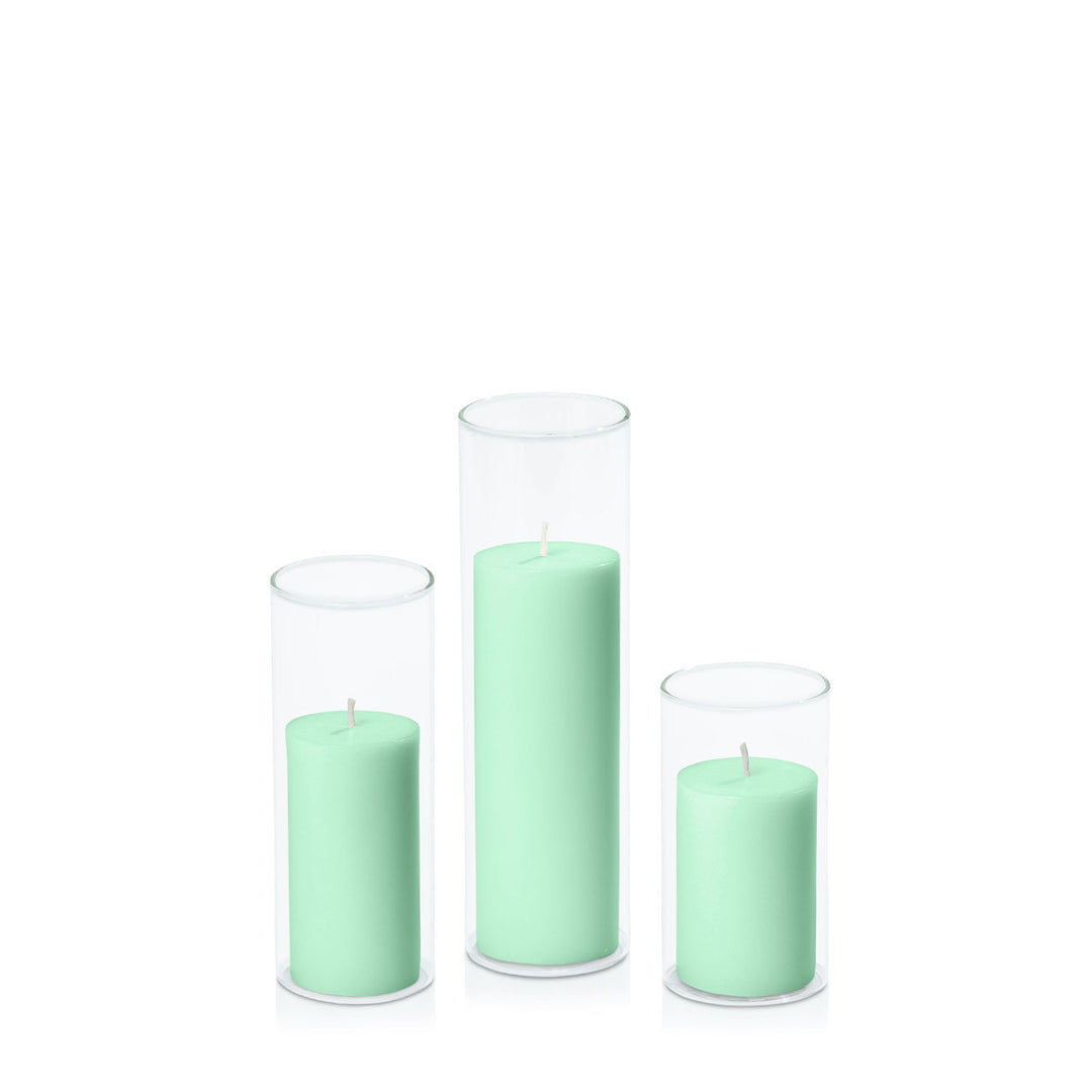 Mint Green 5cm Pillar in 5.8cm Glass Set - Med Pack of 1