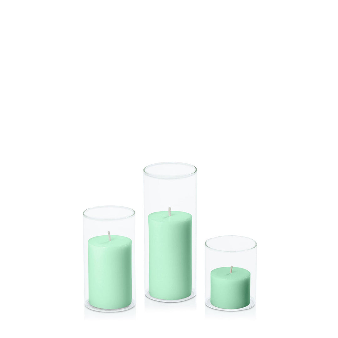 Mint Green 5cm Pillar in 5.8cm Glass Set - Sm Pack of 1