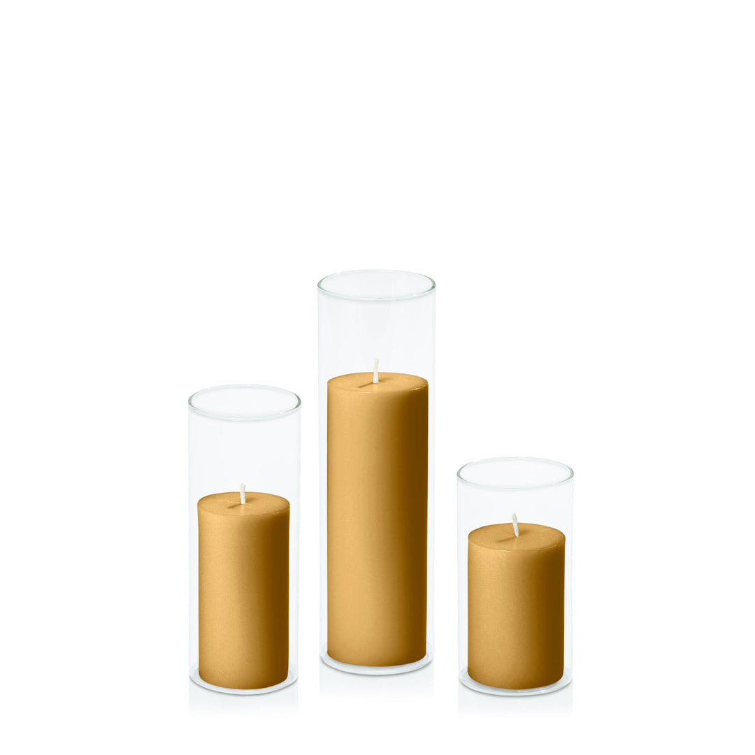 Mustard 5cm Pillar in 5.8cm Glass Set - Med Pack of 1