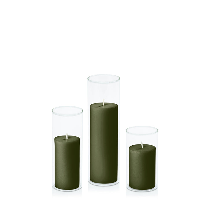 Olive 5cm Pillar in 5.8cm Glass Set - Med Pack of 1