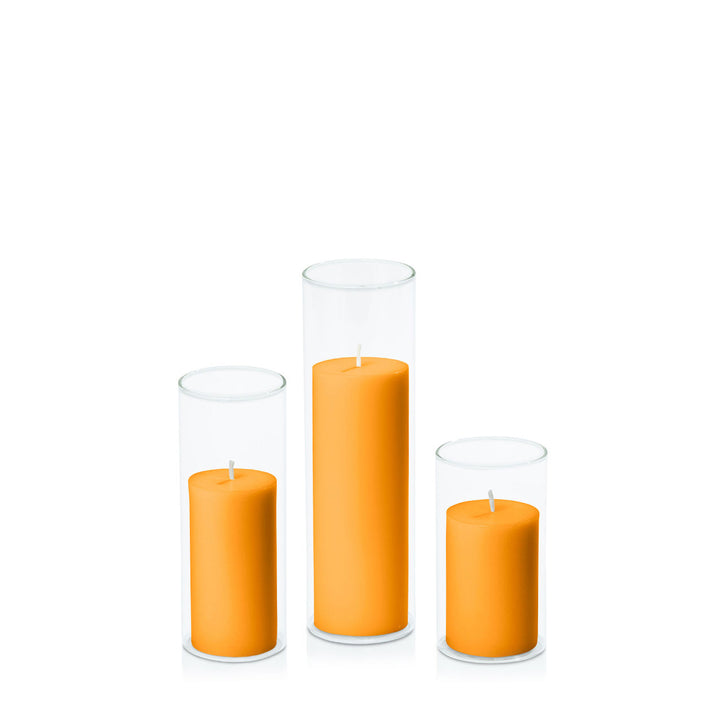 Orange 5cm Pillar in 5.8cm Glass Set - Med Pack of 1