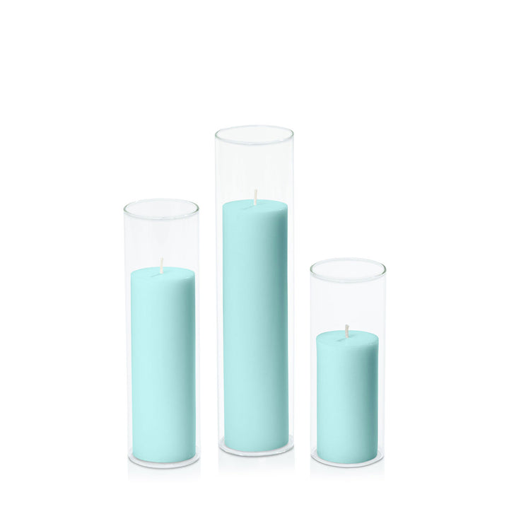 Pastel Teal 5cm Pillar in 5.8cm Glass Set - Lg Pack of 1