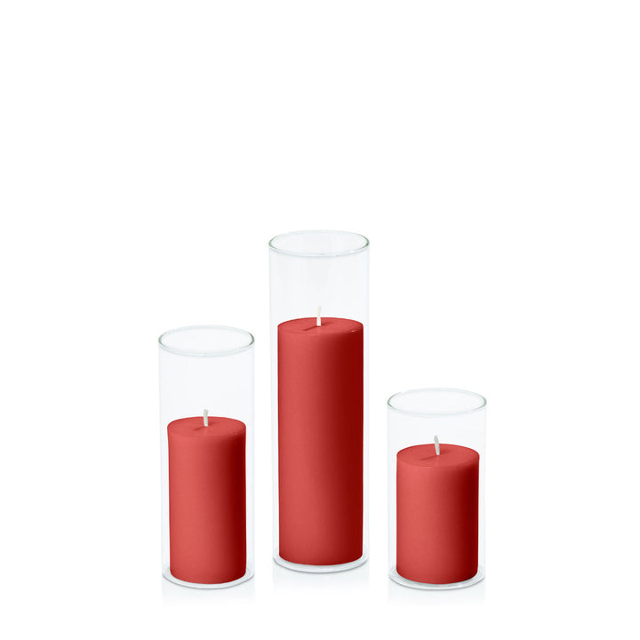 Red 5cm Pillar in 5.8cm Glass Set - Med Pack of 1