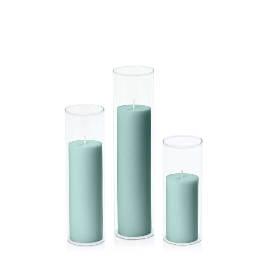 Sage Green 5cm Pillar in 5.8cm Glass Set - Lg Pack of 1