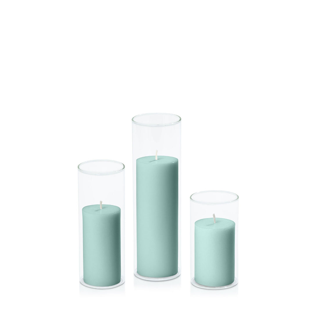 Sage Green 5cm Pillar in 5.8cm Glass Set - Med Pack of 1