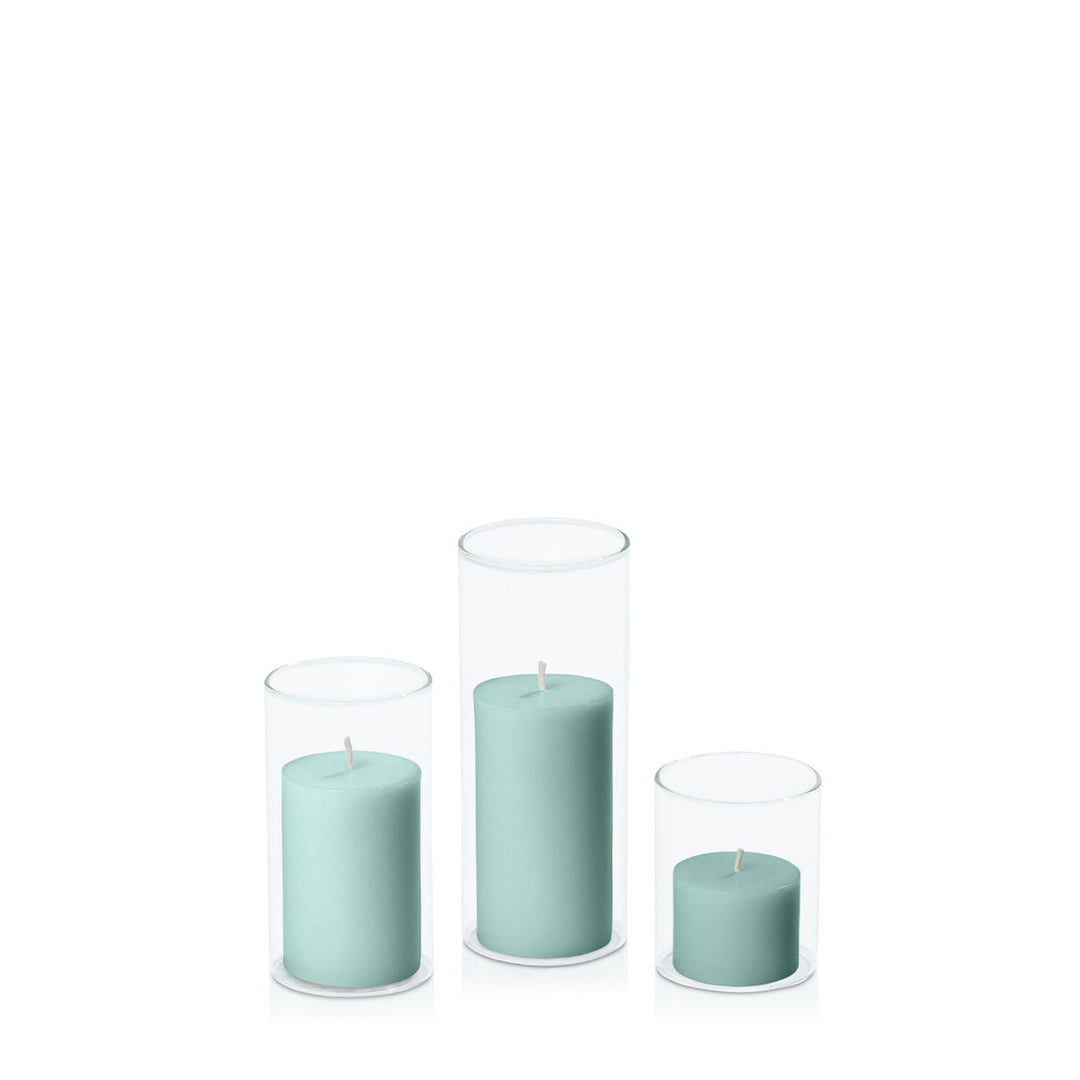 Sage Green 5cm Pillar in 5.8cm Glass Set - Sm Pack of 1