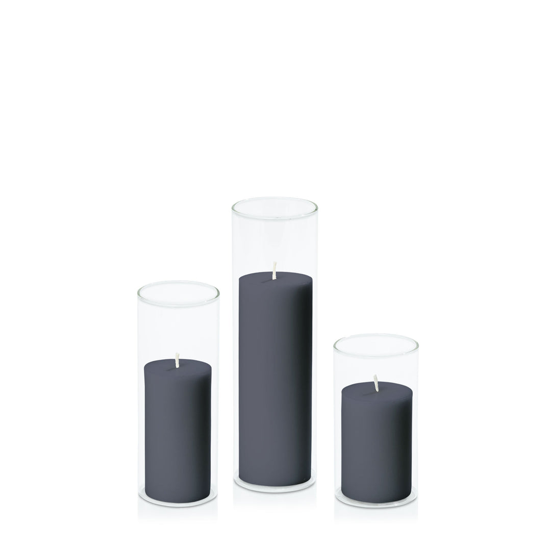 Steel Blue 5cm Pillar in 5.8cm Glass Set - Med Pack of 1