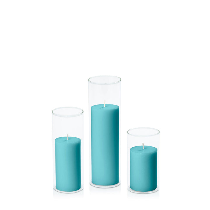 Teal 5cm Pillar in 5.8cm Glass Set - Med Pack of 1